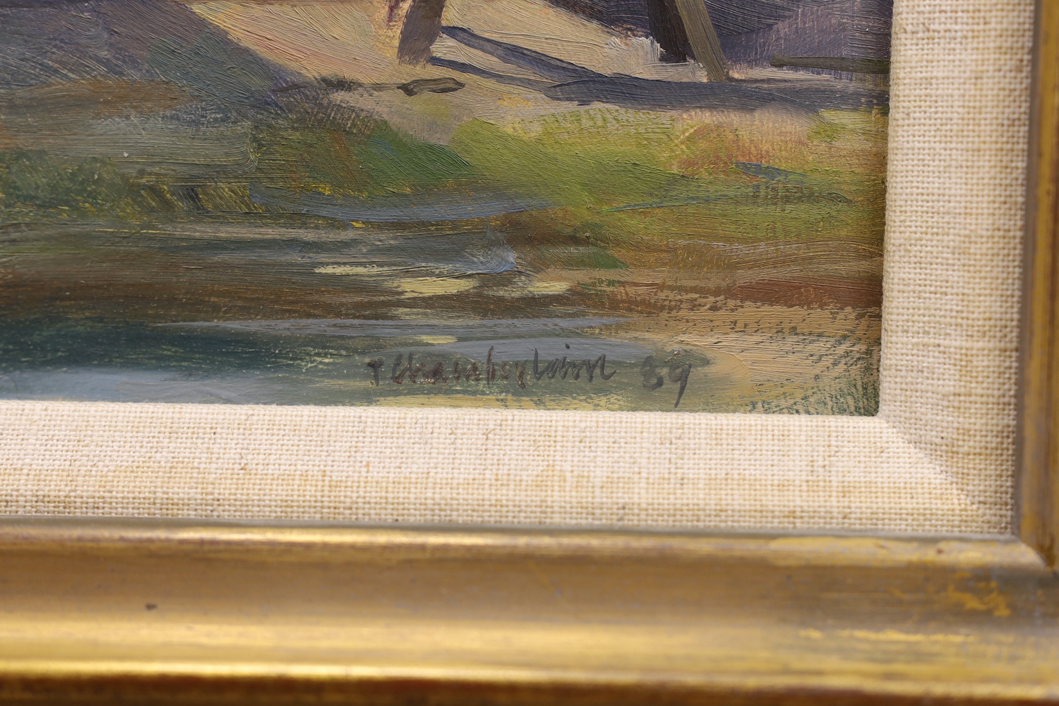 Trevor Chamberlain RSMA ROI, (1933-), oil on board, 'Gondola repair yard, Venice', signed and dated '89, 17 x 24cm